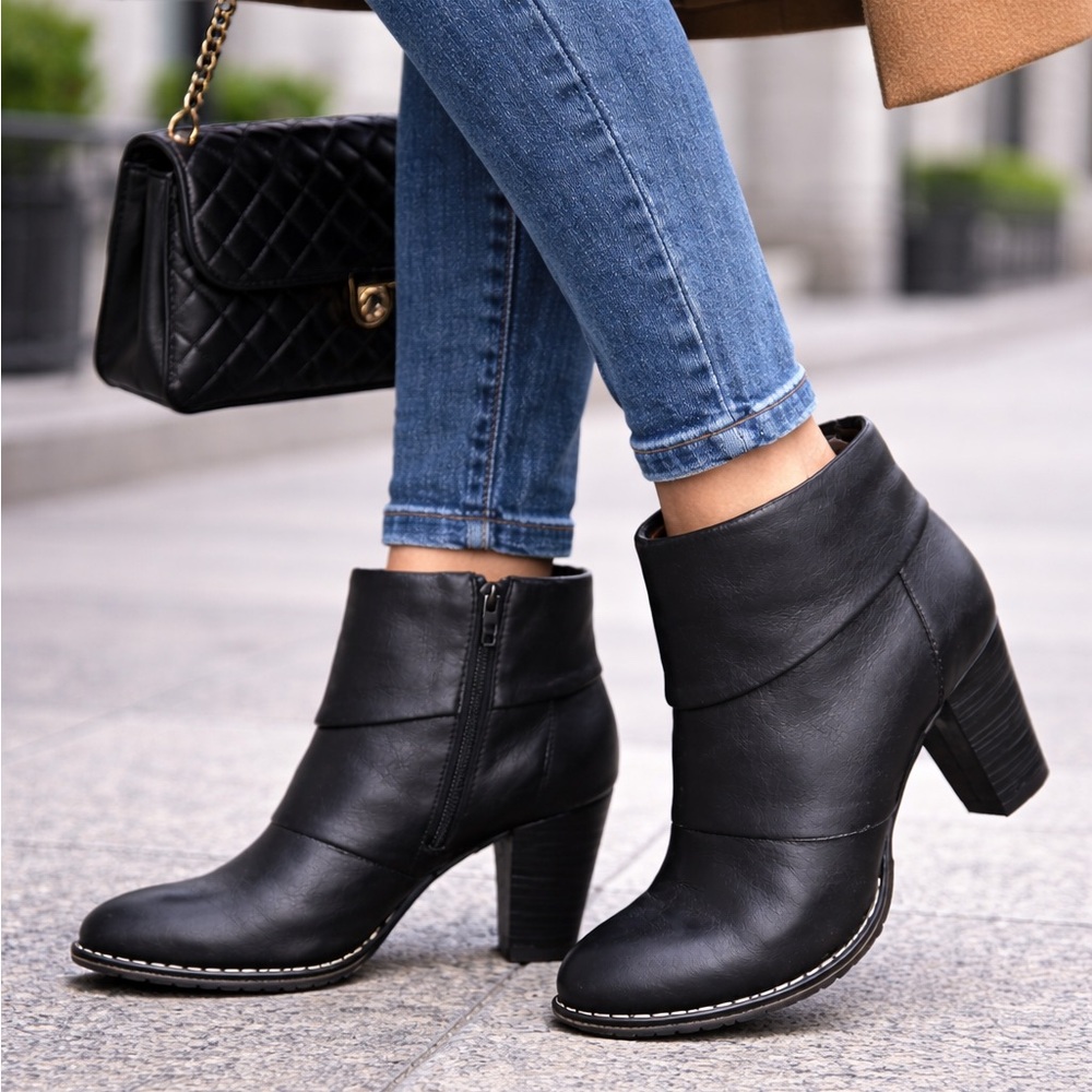Sofft Black Leather Block Heel Ankle Boots Size 10